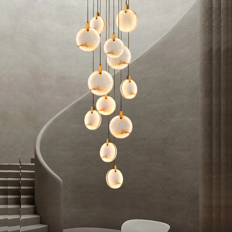 

Modern Led Marble Ceiling Chandelier Staircase Living Room Interior Lighting Round Crystal Lamp Villa Long Lamps Free Shipping