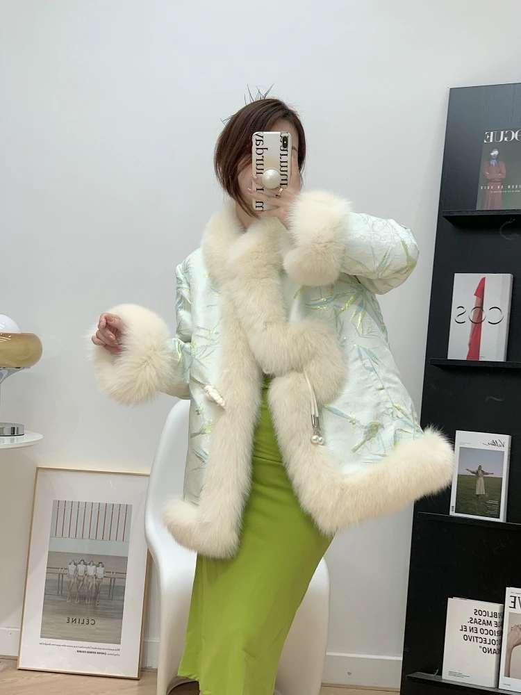 Autumn And Winter 2022 New Palace Style Jacquard+Fox Fur Collar Coat Single Button Elegant New Year Lady Down Jacket  S-XL