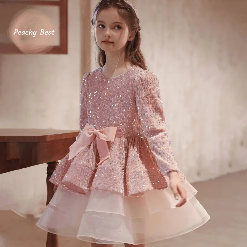 Baby Girl Princess Velvet Sequin Tutu Dress Long Sleeve Infant Toddler Child Bow Tulle Layered Party Pageant Baby Clothes1-12Y