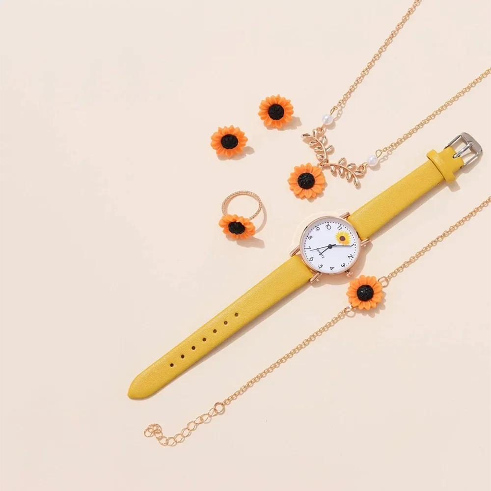 1pc Women Yellow PU Polyurethane Strap Fashionable Round Dial Quartz Watch And 5pcs Jewelry Set For Daily Life