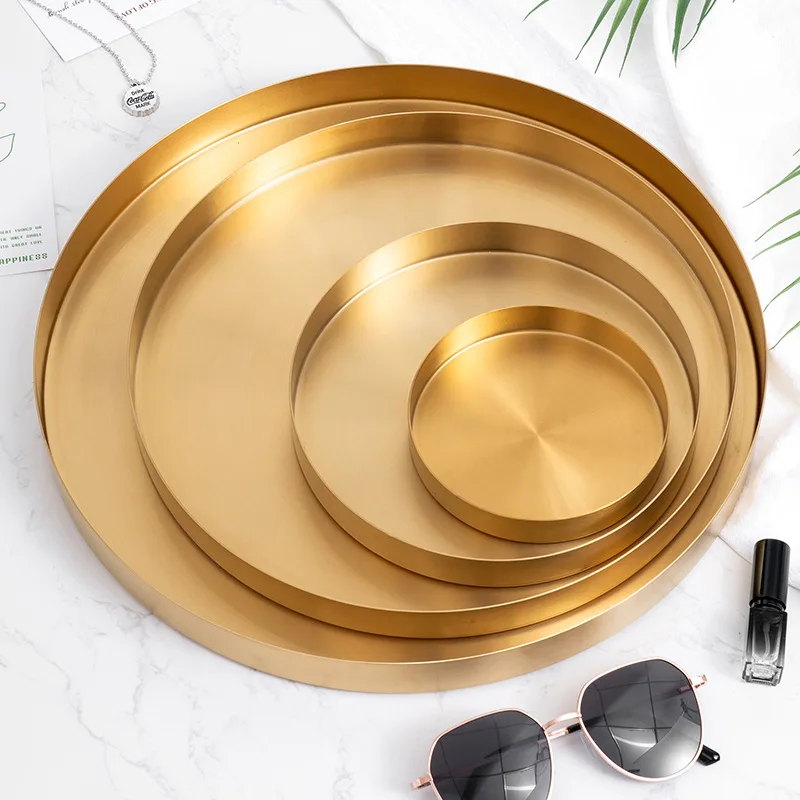 

Nordic gold round stainless steel tray, living room water cup ornament storage tray, jewelry cosmetics metal storage tray
