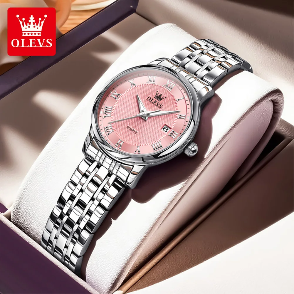 OLEVS Brand Women's Quartz Watches Roman Pink Dial Original Females Wristwatch Elegant Fashion Waterproof Luminous Date Clock
