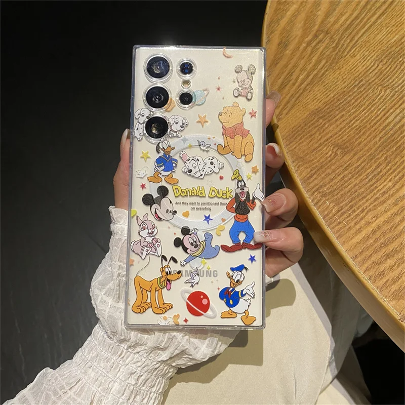Cartone animato carino Topolino Pippo Paperino Magsafe Custodia per telefono con ricarica wireless per Samsung S22 S23 S24Ultra FE Nota 20 Supporto magnetico