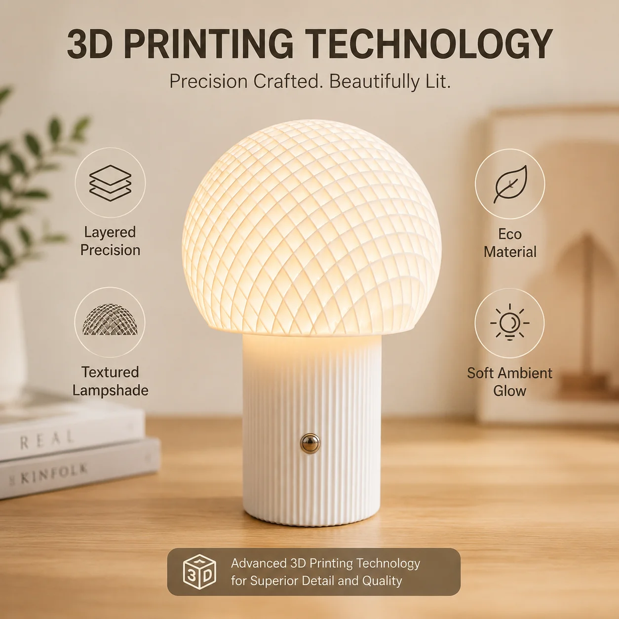 Mushroom Table Lamp 3D Printed Textured Shade Touch Dimmable Ambient Night Light for Bedroom Living Room Side Table White