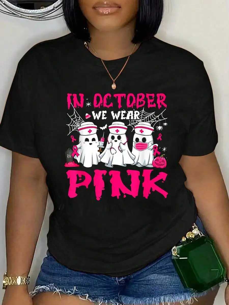 Funny Registered Nurse Gift T-Shirts Women Pink Ribbon Stethoscope Print Graphic Tee Black Cotton Blend Plus Size Clothes
