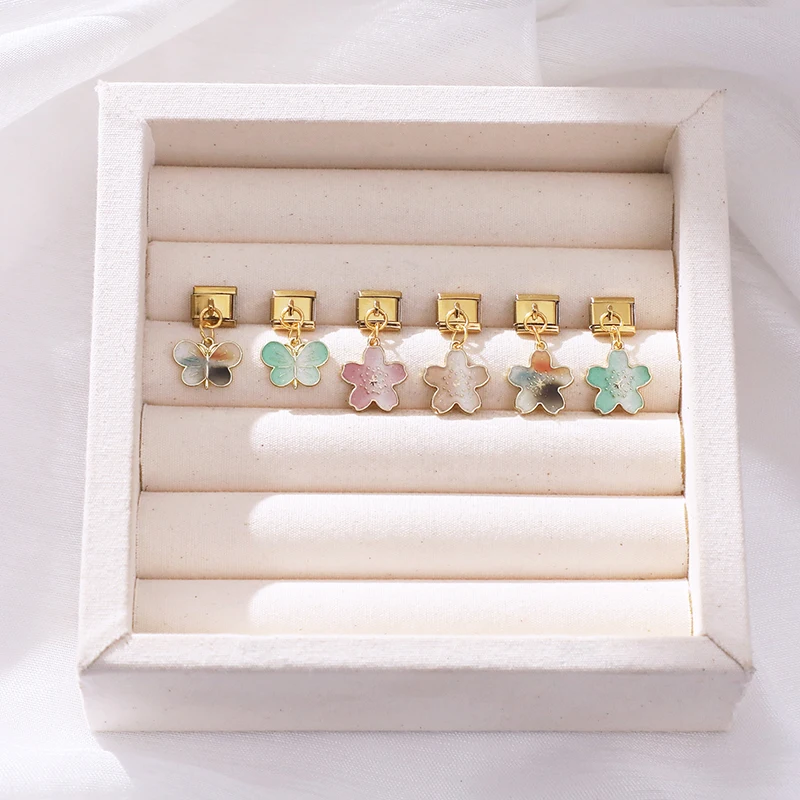 

Vintage Gold Color Heart Butterfly Flower Pendant Italian Charm Link Fit 9MM Stainless Steel Bracelet Women DIY Making Jewelry