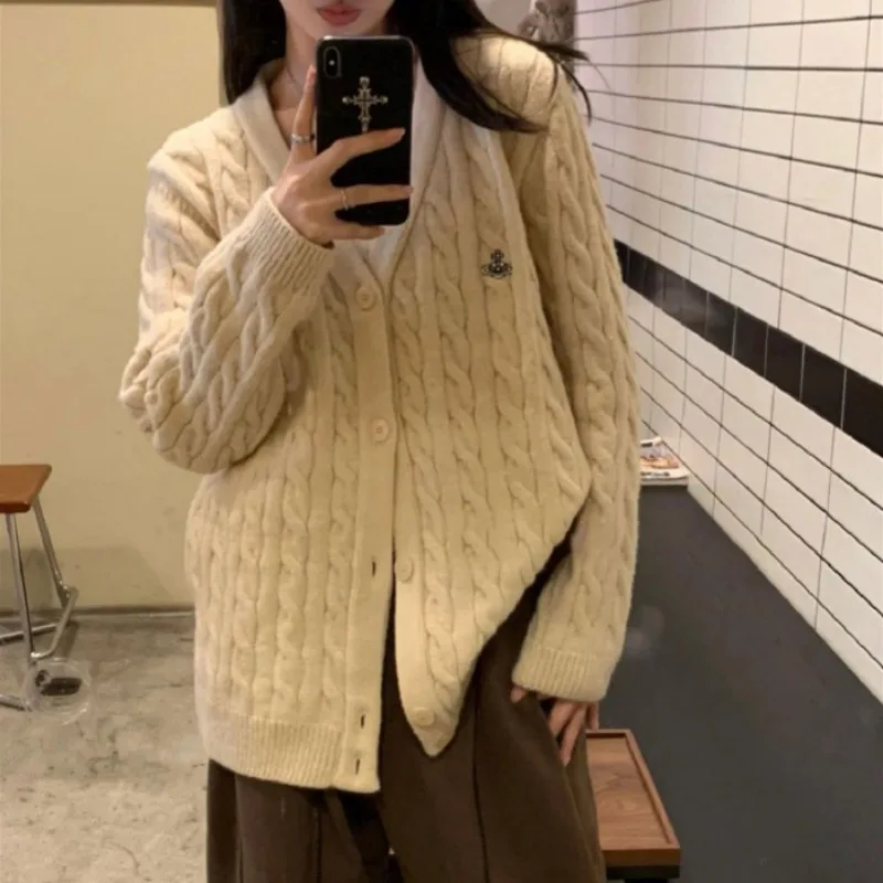 Vintage V-Neck Sweaters Cardigan Women Daily Casual Solid Comfortable Long Sleeve Ladies Fashion Autumn Winter Clothes
