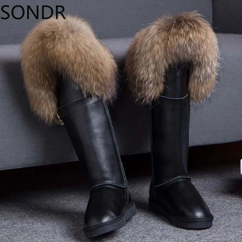 Womens Winter Snow Warm Fur Lining Real Fox Fur Trim Real Leather Knee High Boots Thick 12Colors Flats Shoes Australia New 2024