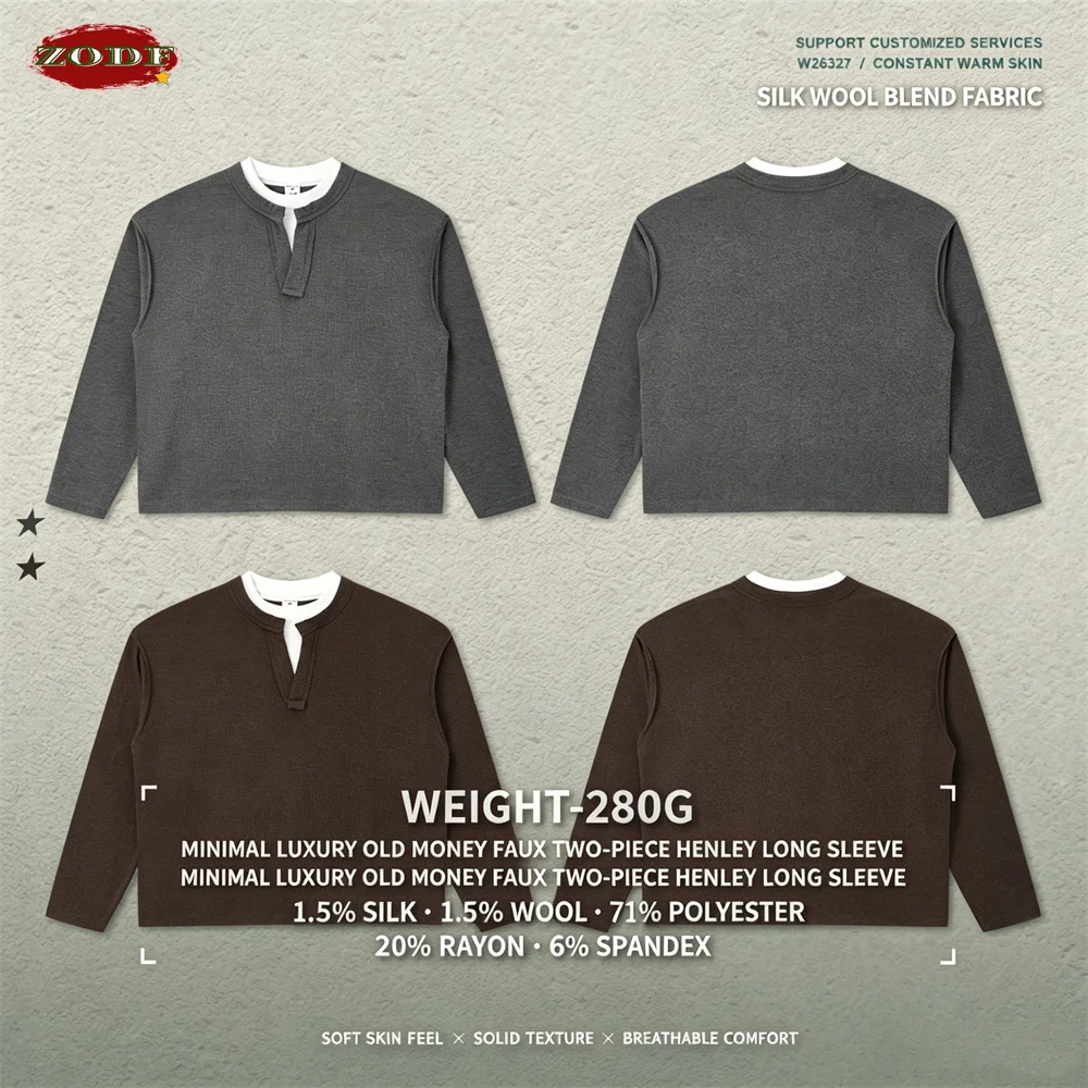 ZODF Trendy Autumn Old Money Double Henry Colalr T-Shirt For Men Unisex 280gsm Classic Long Sleeve T Shirts Brand Tops HY1323