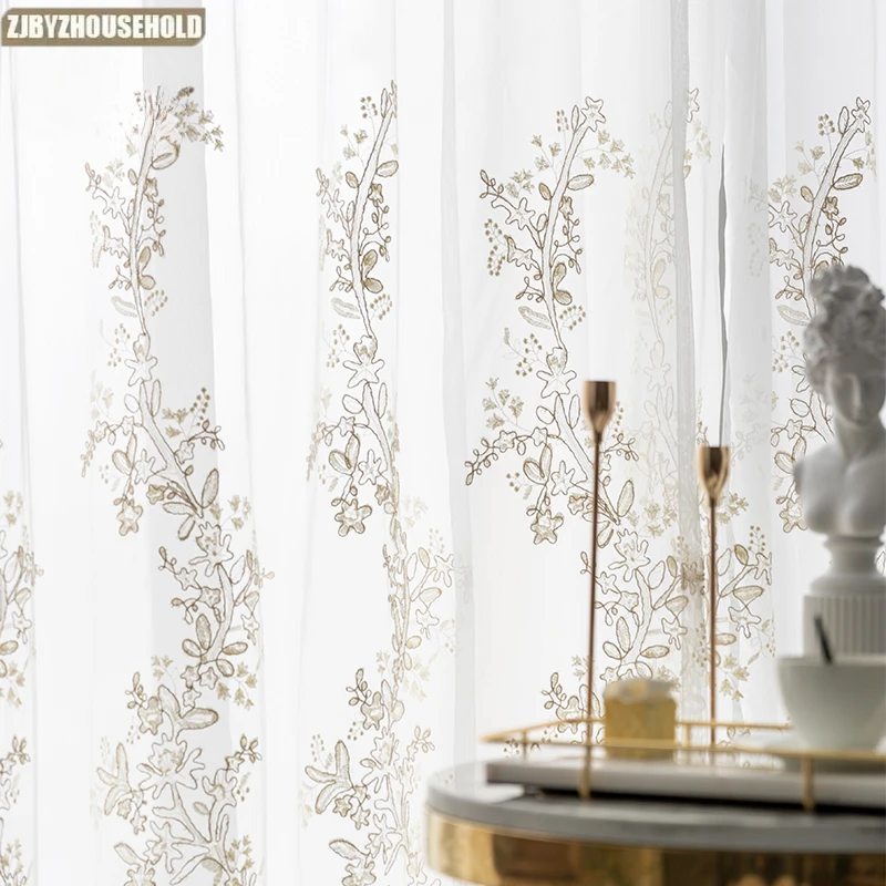 European Light Luxury Bottom-edged Embroidered Hollow White Tulle for Living Room Bedroom Window Screen Bay Window Curtains