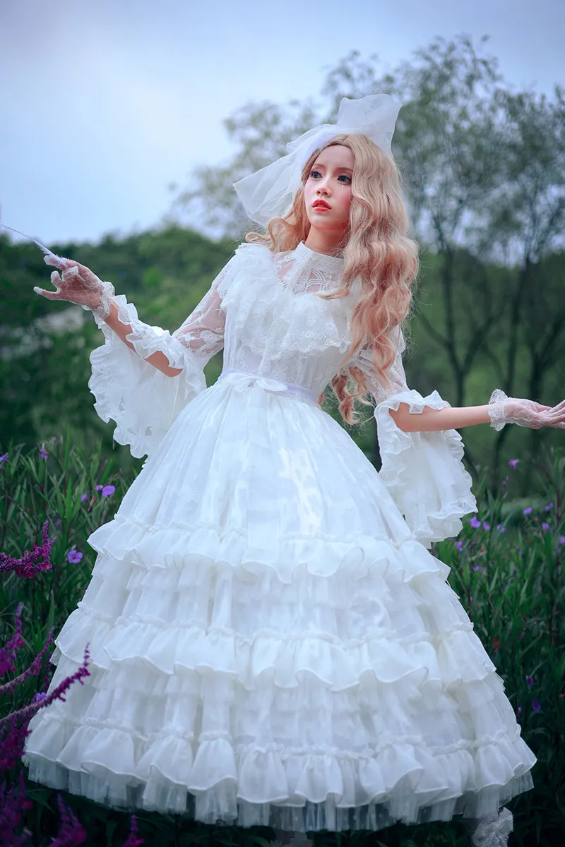 Spring and Autumn Lolita Dress Adult Gothic Style Sleeve Long Wedding White