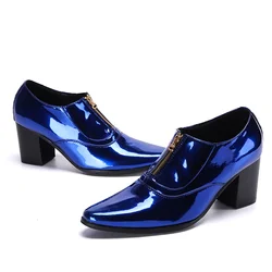 New Fashion Blue Patent Leather Men Formal Dress Shoes Big Size High Heel Party Man Shoes Club Jazz Dancer Thick Heel Ankle Boot
