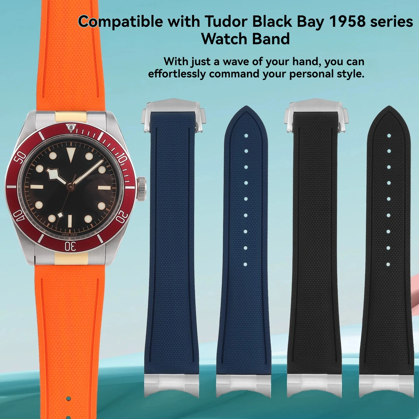 Fluoroelastomer Strap with Metal Ends for Tudor Black Bay 1958 Pelagos 25600TN, 20mm 21mm 22mm FKM Rubber Band Replacement