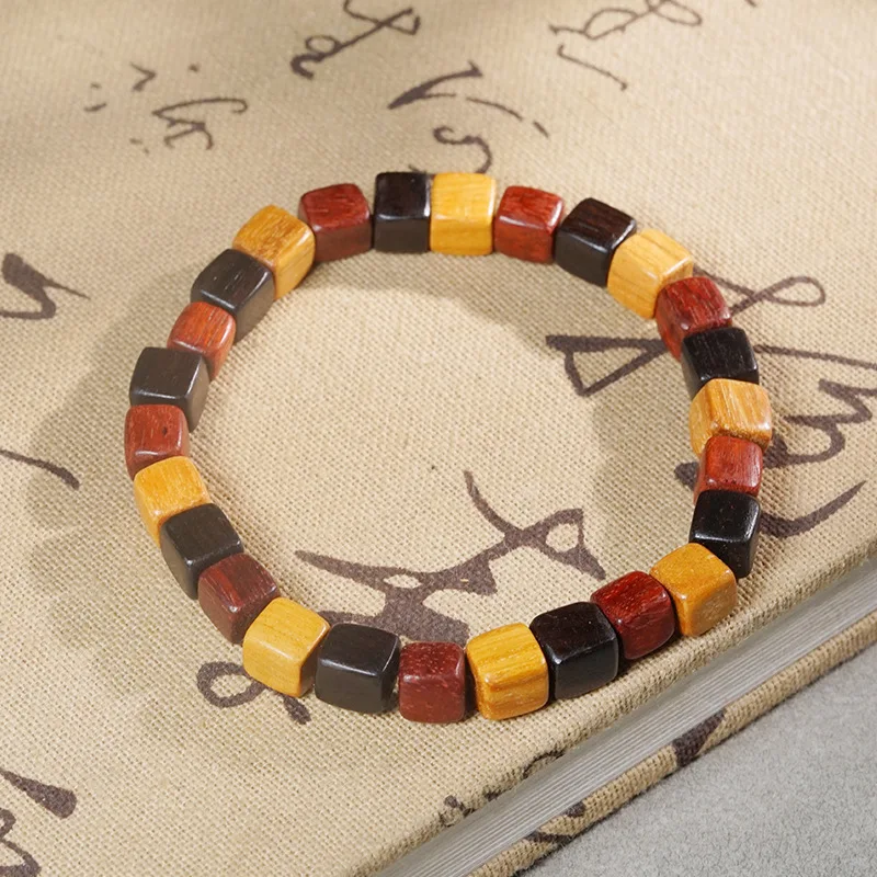 Natural Multi Treasure Square Candy Bead Single Loop Bracelet Unisex Black Sandalwood Beaded Cultural Play Festival Gift