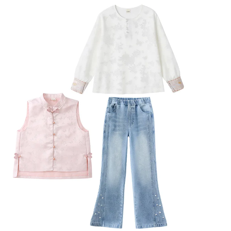 

Girls Spring and Autumn New 2026 Spring and Autumn Chinese Jacquard Vest Jeans Three-piece Set New Trendy Foreign Style