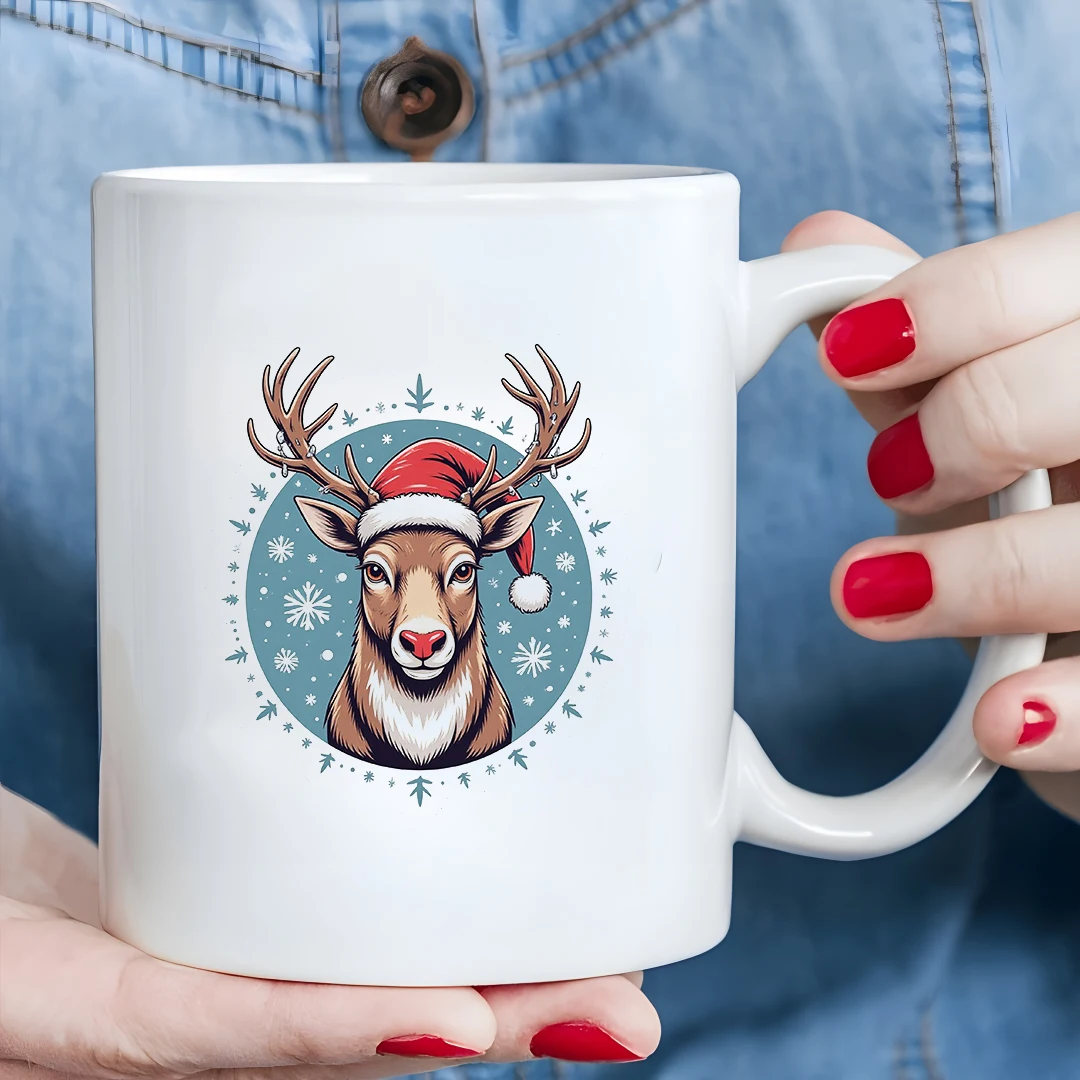 Taza de 11 oz + pegatina de sombrero de Navidad de reno de dibujos animados + regalo de Navidad - Taza para niños Taza de café de oficina familiar