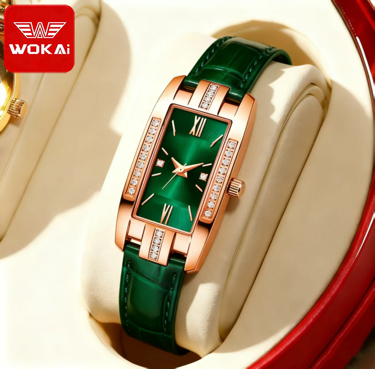 

WOKAI high quality classic retro women's belt quartz square green quartz watch Student women's wear clock luxury style