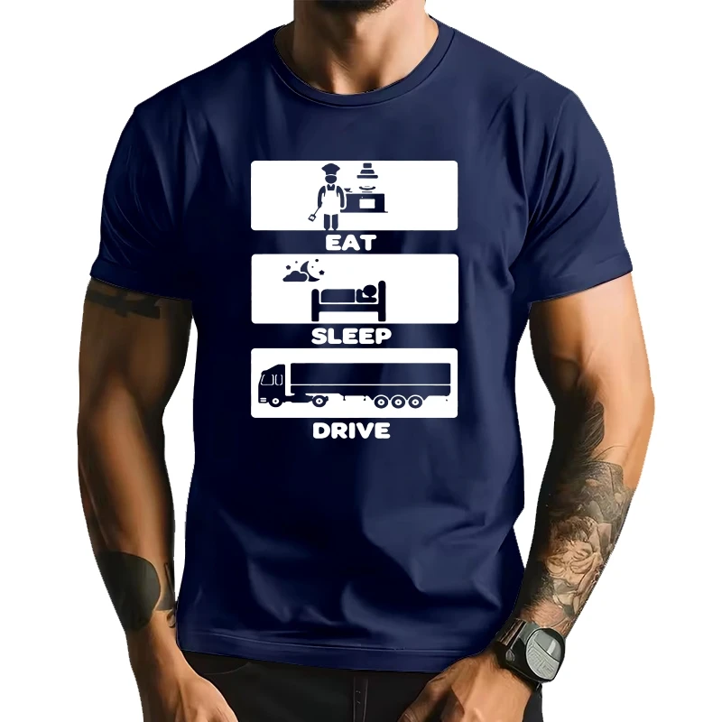 

Novelty Eat Sleep Drive Trucker T-Shirt Mens Short Sleeves Streetwear Hip Hop Printed T Shirts Top Tees
