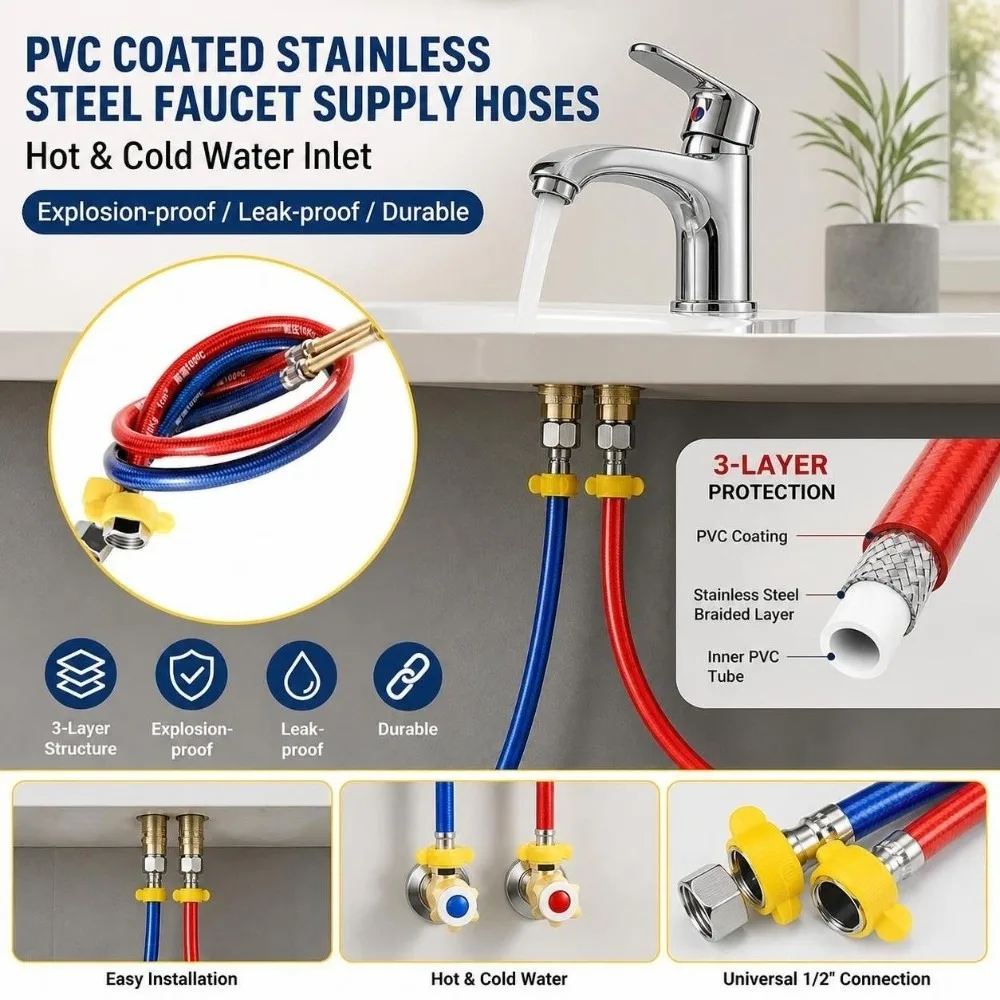 Plastic-Coated Faucet Water Inlet Pipe Hot Cold Tube Explosion Proof PVC Coated Pipe Corrosion Resistant 60cm Flexible Hose Pipe