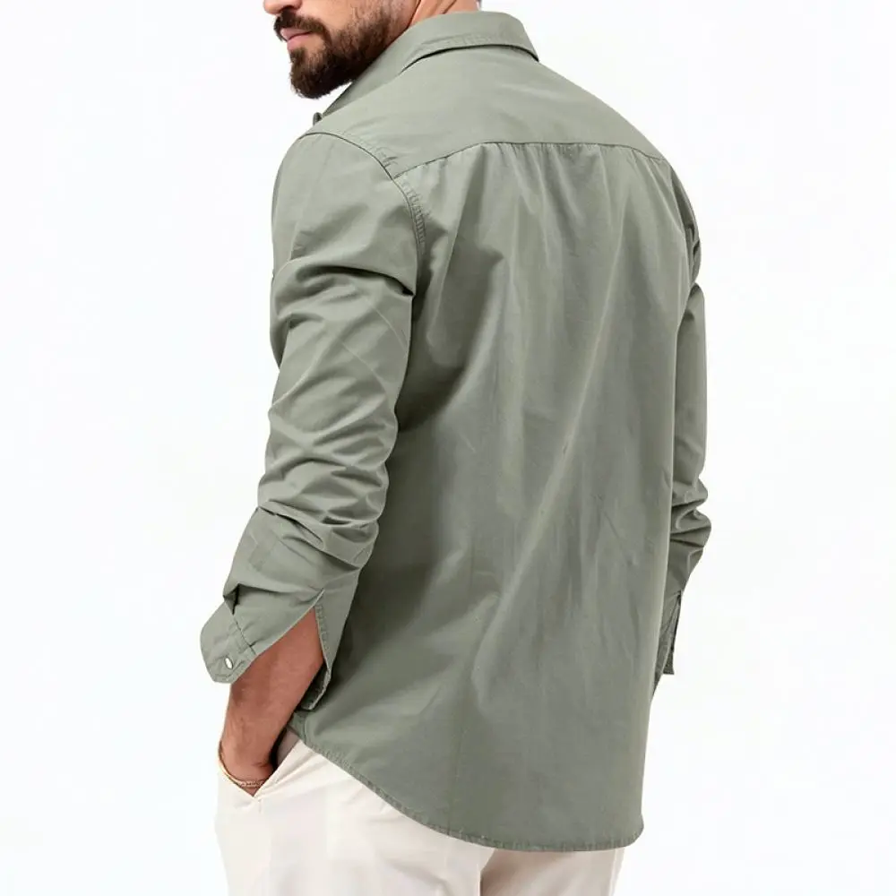 Spring Autumn Mens Shirt Long Sleeve Multi Pocket Utility Style Casual Slim Fit Breathable Outdoor Clothing