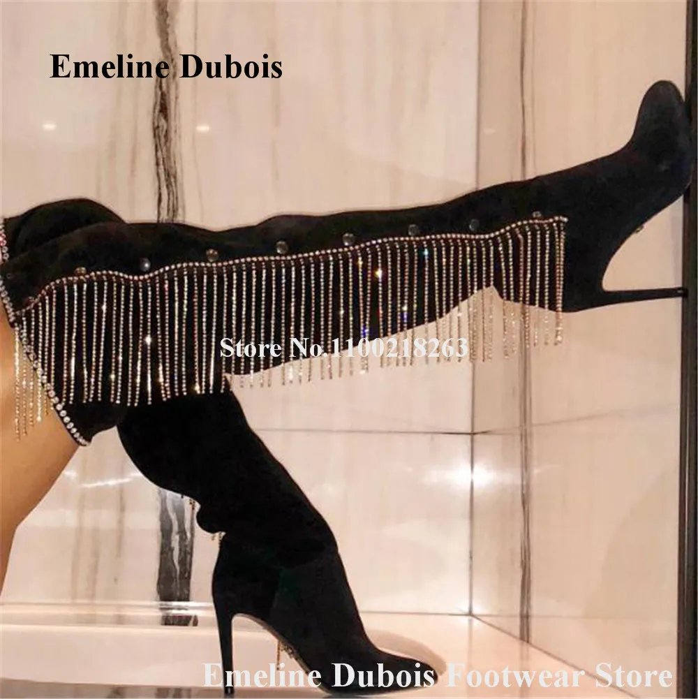 Shining Rhinestones Chains Over Knee Boots Emeline Dubois Round Toe Black Suede Side Crystals Tassels Stiletto Heel Long Boots