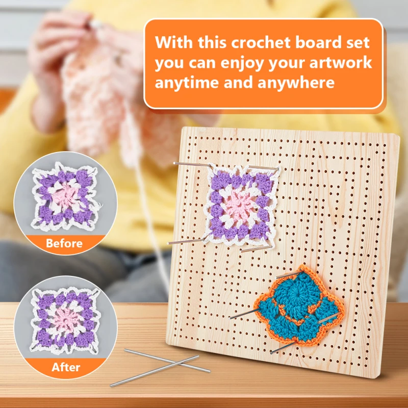 1 Set Rectangle Wood Crochet Blocking Board with Stainless Steel Rods Blanched Almond Knitting Tools