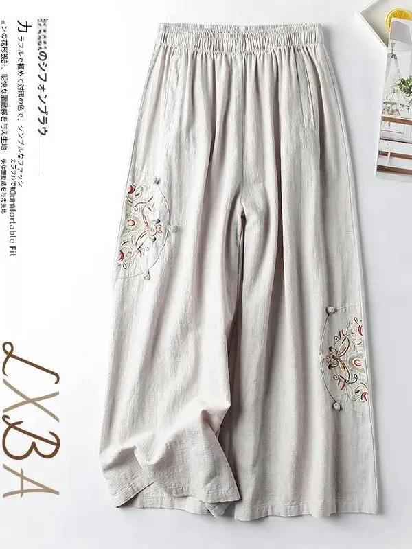 

Summer Cotton Linen Casual Pants Women's Thin Embroidered Wide Leg Nine Pointed Slimming High Waist Commute Style Artistic