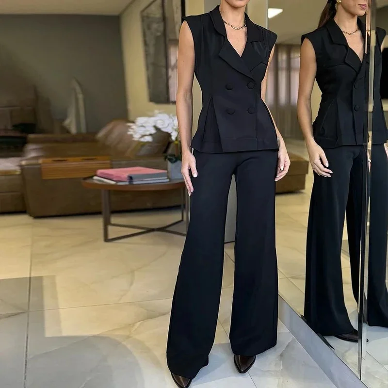 

Tesco Women's Pants sets Black Double Breast Vest and Pants Set Summer 2 Piece Elegant Women's Suit Set Office Lady Outfit
