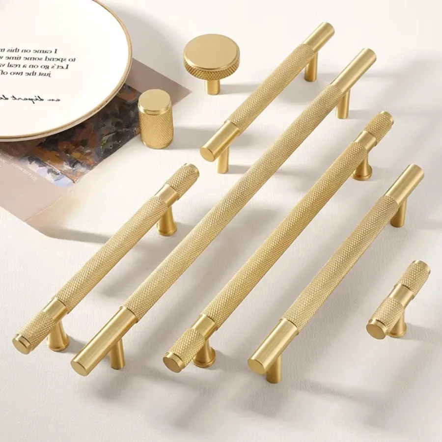 Knurl Solid Brass Cabinet Knobs and Handles Golden Luxury Handles for Furniture Drawer Wardrobes Shoe Cabinets Pulls