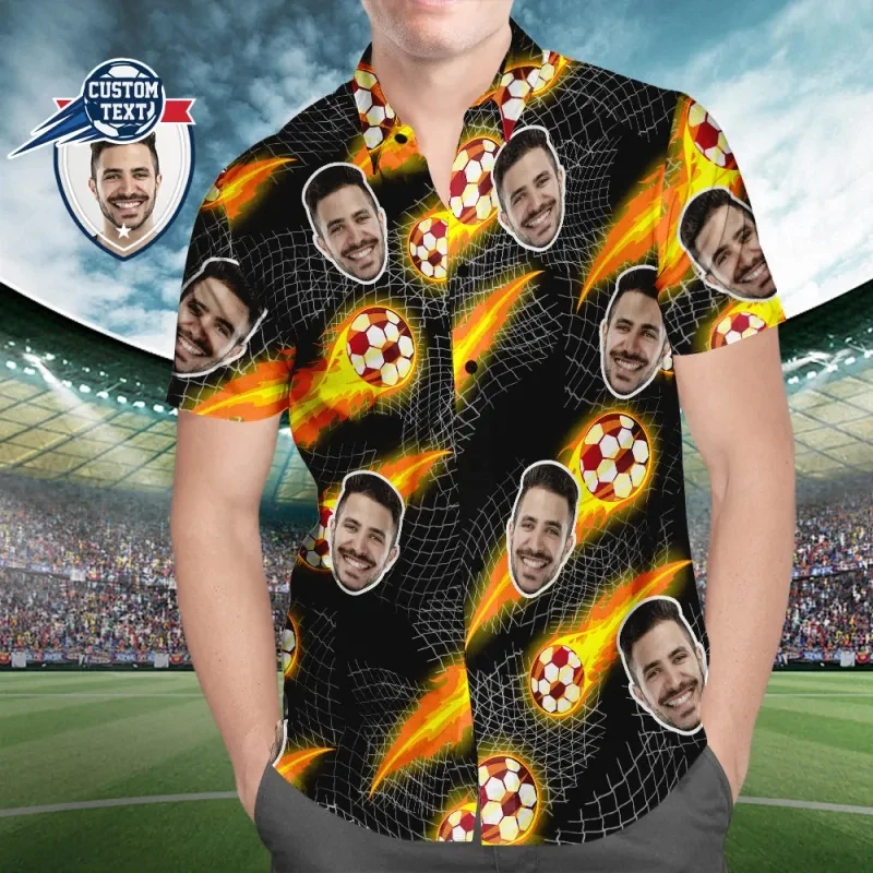 Chemises hawaïennes à motif de football pour hommes, visage personnalisé, imprimé complet, plantes vertes, chemise de plage pour les amateurs de football, t-shirt respirant pour hommes