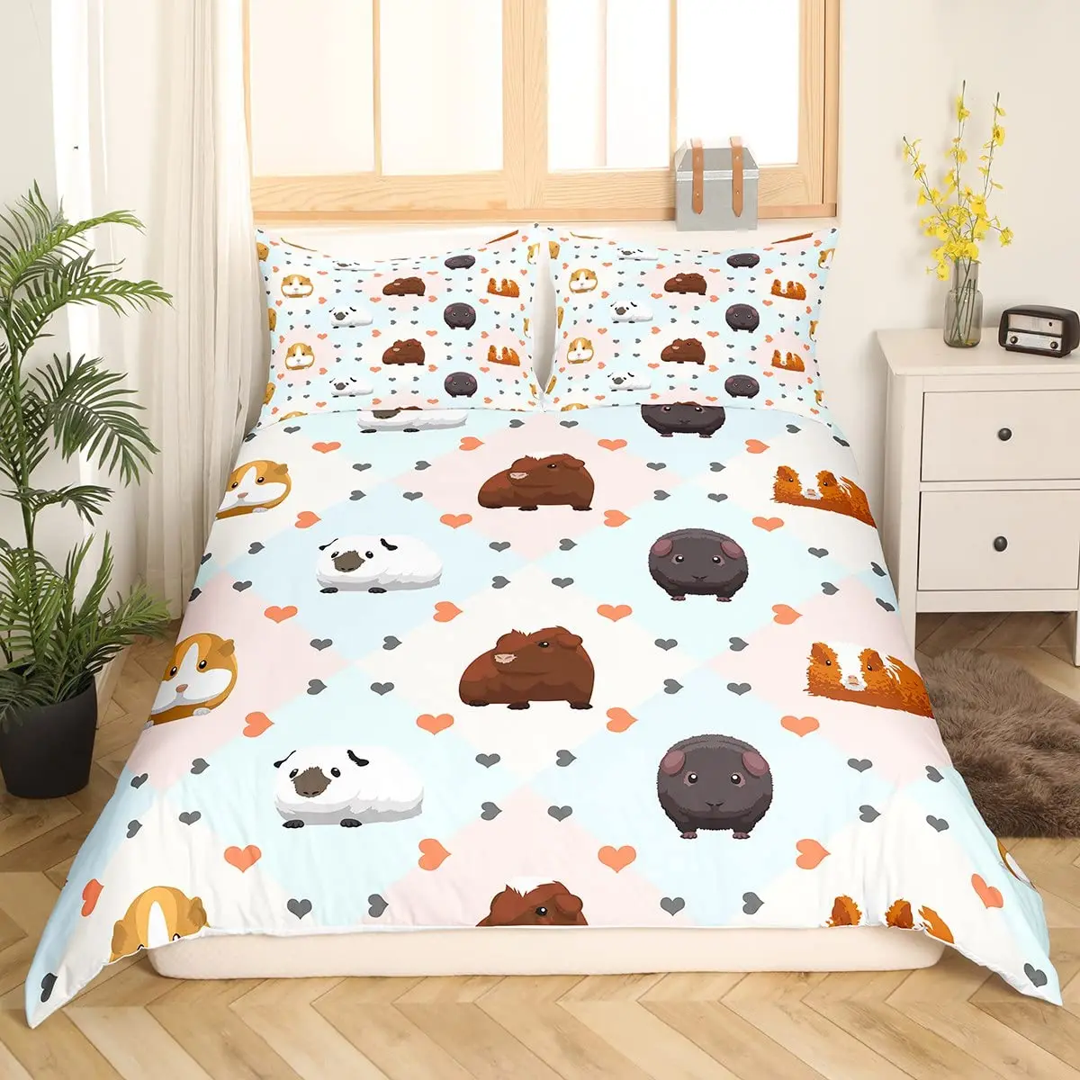 Guinea Pig King Queen Bedding Set Lovely Cartoon Mouse Duvet Cover Flower Plant Animal Comforter Cover Polyester Quilt Cover