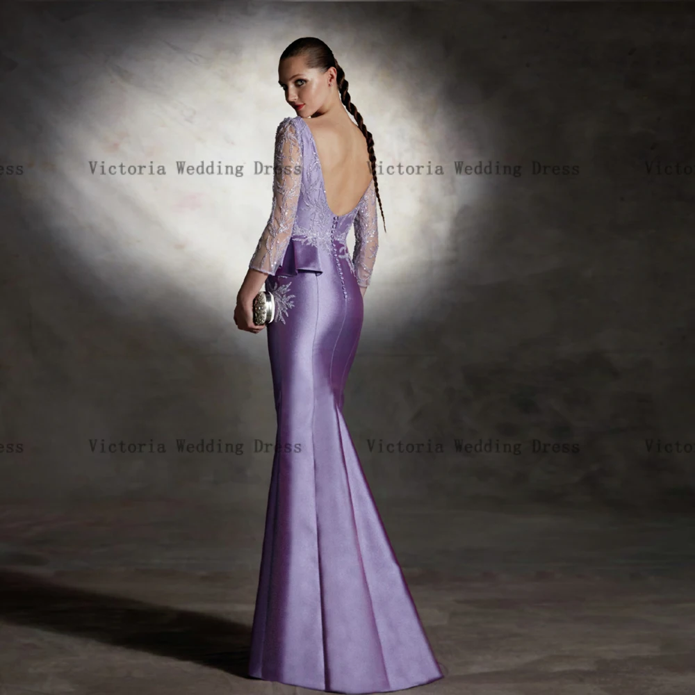 Elegant Lavender Mother of the Bride Dresses O Neck Long Sleeves Mermaid Wedding Party Gowns Beaded Floor-Length فساتين السهرة