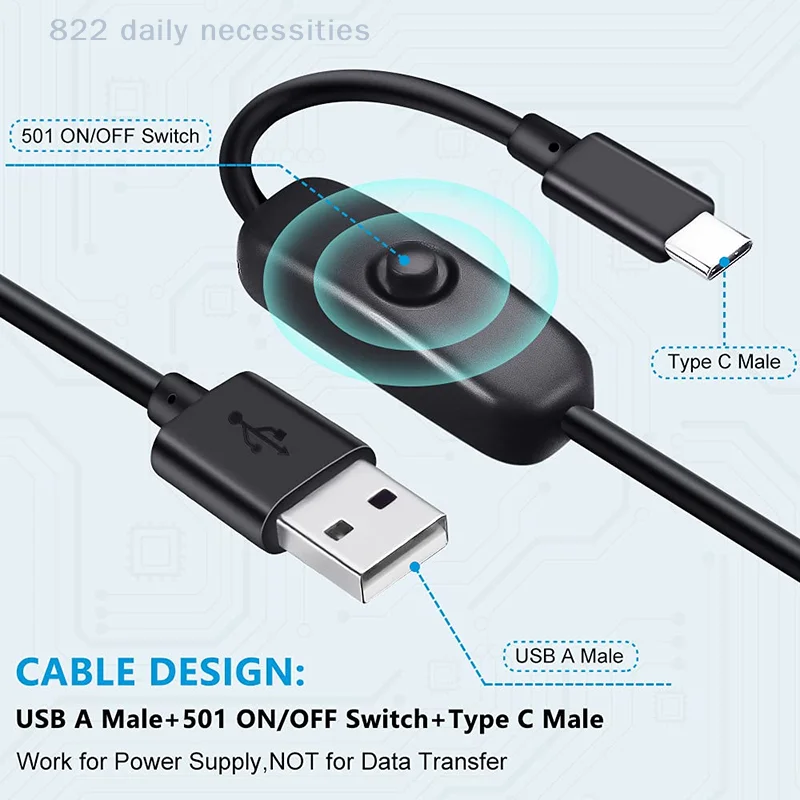 USB to Type C Switch Cable 5V 2A Power Extension Wire White/Black for Lamp/Fan Button Control