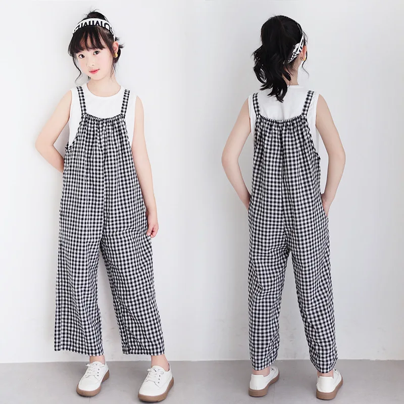 

2024 Korean Summer Teenager Girl 2PCS Clothes Set Schol Girl Vest+Checkered Suspender Pants Sets Girls From 4-13 Years Old