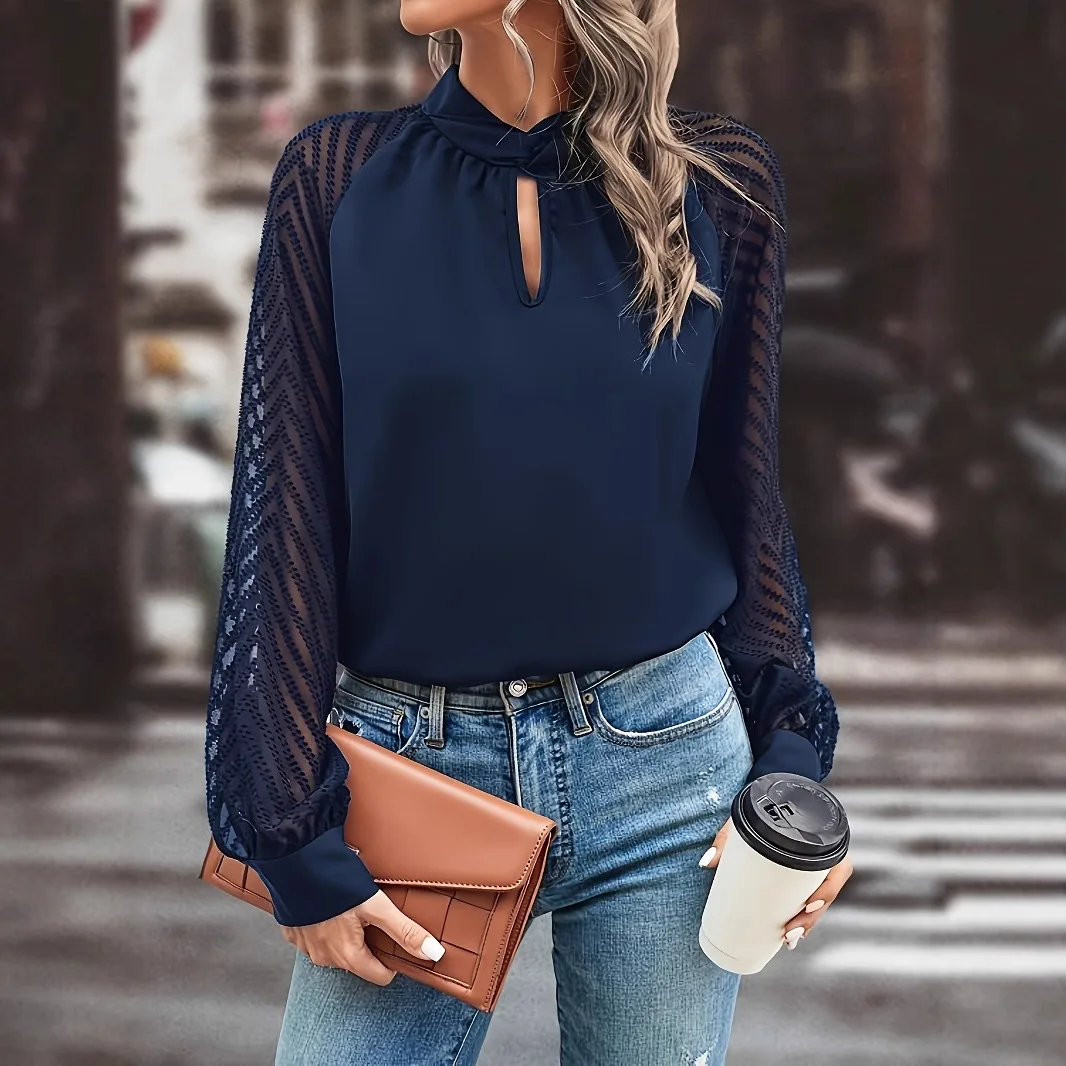 Blusa elegante de oficina para mujer, Tops de primavera 2026, nueva camisa de gasa de malla con empalme de cuello medio alto, Top de manga larga para mujer