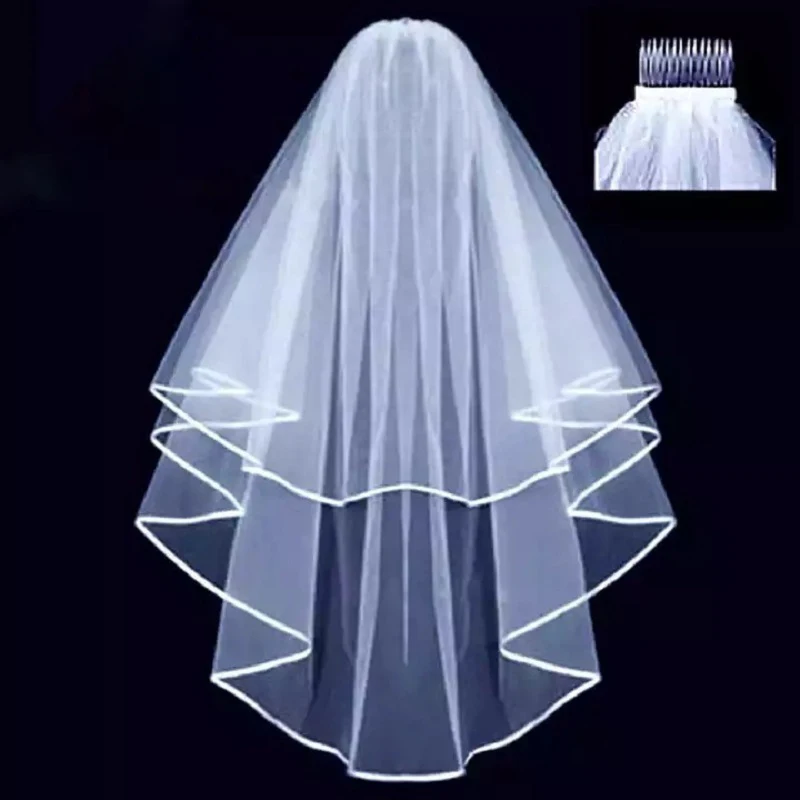 DREAM White Ivory Short Two Layers Simple Wedding Veils With Comb Ribbon Edge Tulle Bridal Veil Wedding Accessories