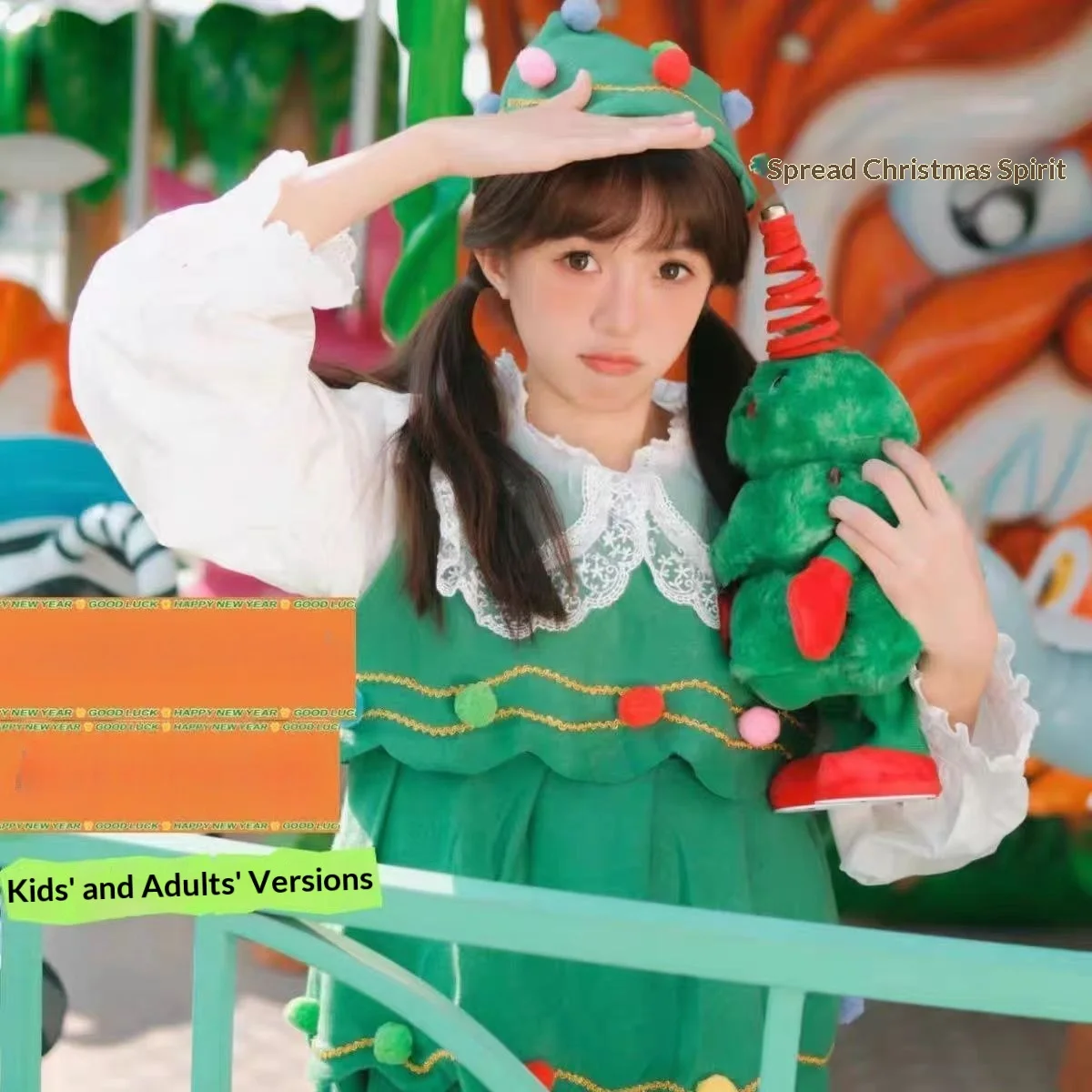 Weihnachts-Cosplay-Kostüm-Set für Erwachsene und Kinder, grünes Weihnachtsbaum-Outfit, niedlich, festlich, Urlaub, Party, Familie, passende Kleidung