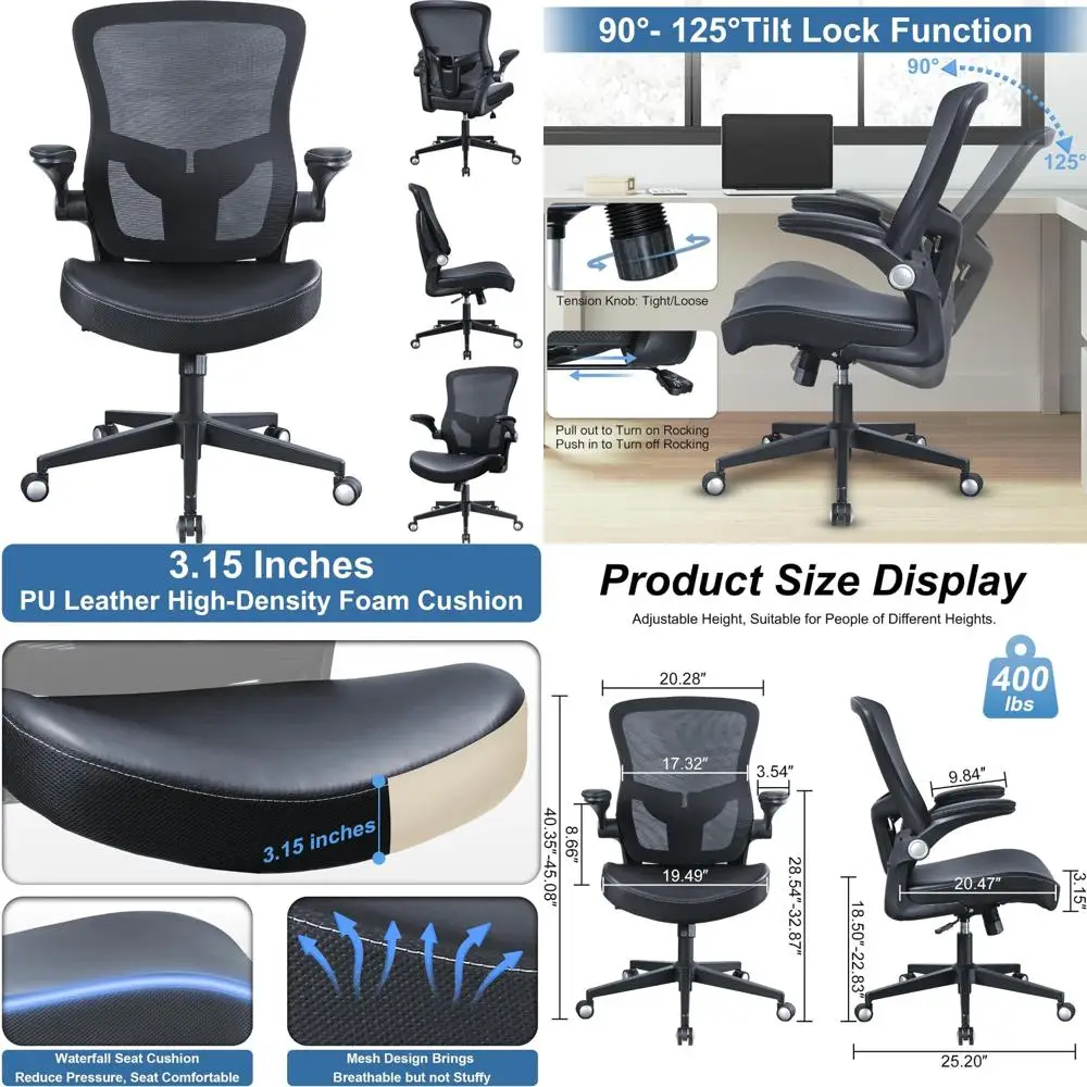 

Ergonomic 400lbs Capacity Desk Chair with Flip-Up Arms and Adjustable Seat Height for Home Office