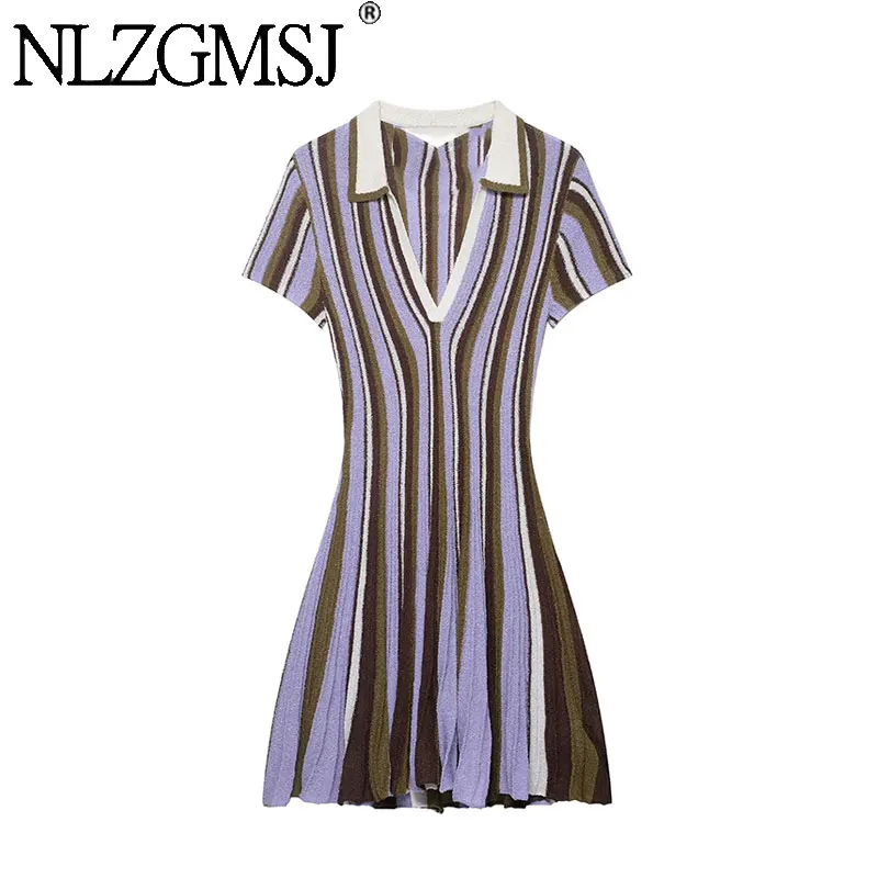 Nlzgmsj 2026 Sommer Damen Gestreiftes Strickkleid mit Revers, Kurzarm, V-Ausschnitt, Figurbetontes Freizeit-Minikleid Y2K