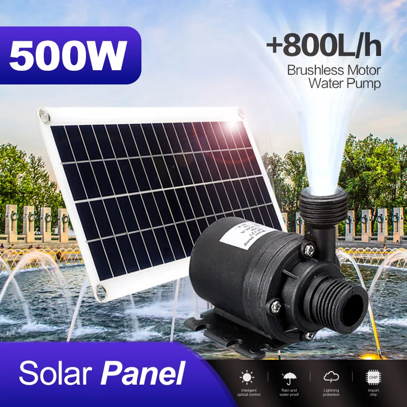 Panel Solar de 500W, 800L/H, juego sin escobillas de 12V, bomba de agua sumergible ultrasilencioso, Motor, fuente para estanque de peces,