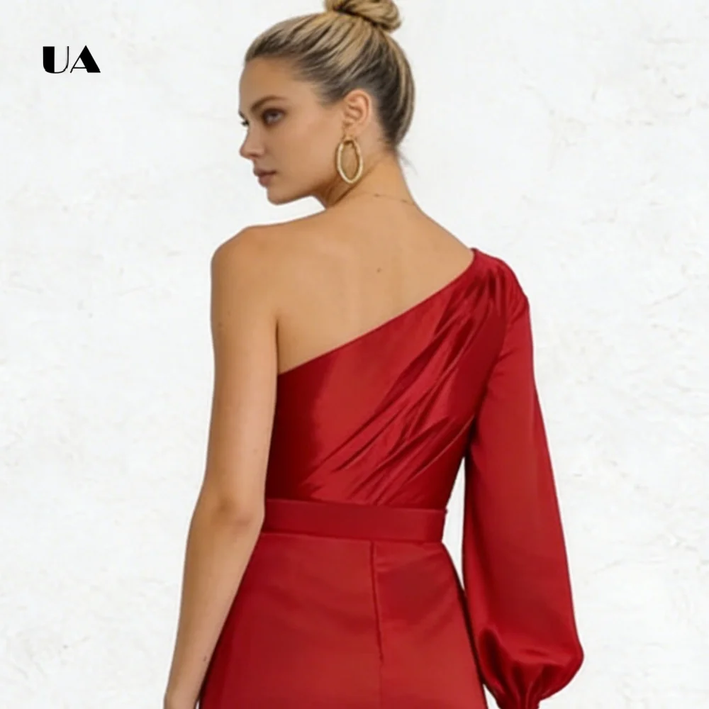 ULBYANRY 새틴 비대칭 프롬 드레스, 퍼프 슬리브가 있는 솔리드 플리츠 이브닝 드레스, 여성용 드레이프 맞춤형 파티 가운