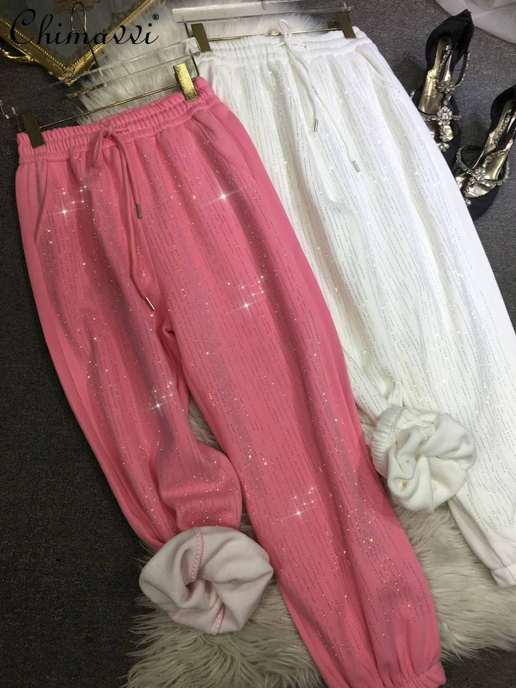 

Модные утолщенные европейские спортивные штаны на флисовой подкладке со стразами, женские новые осенние и зимние спортивные штаны, повседневные свободные джоггеры