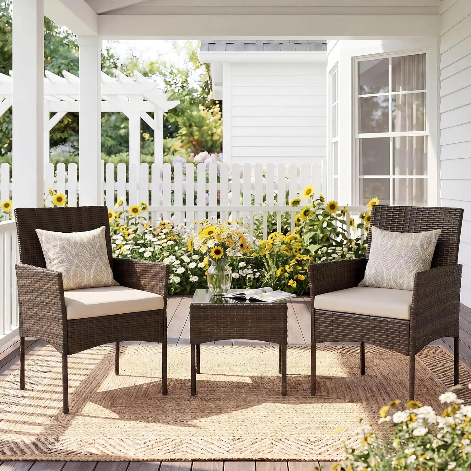 Outdoor Wicker Bistro Set, 3-Piece Patio Furniture, Black | All-Weather Rattan, Removable Cushions, Tempered Glass Table, Small Conversation Seating For Porch Balcony Deck Backyard