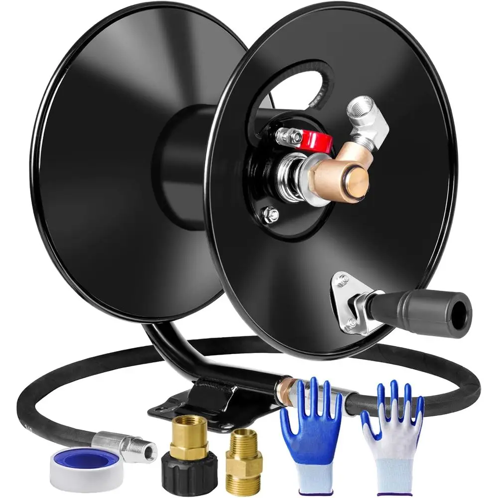 

50ft x 3/8 65ft x 1/4 High-Pressure Power Washer Hose, 4000PSI, M22-14 Fitting, Metal Hand Crank, Wall/Trailer/Van Mount