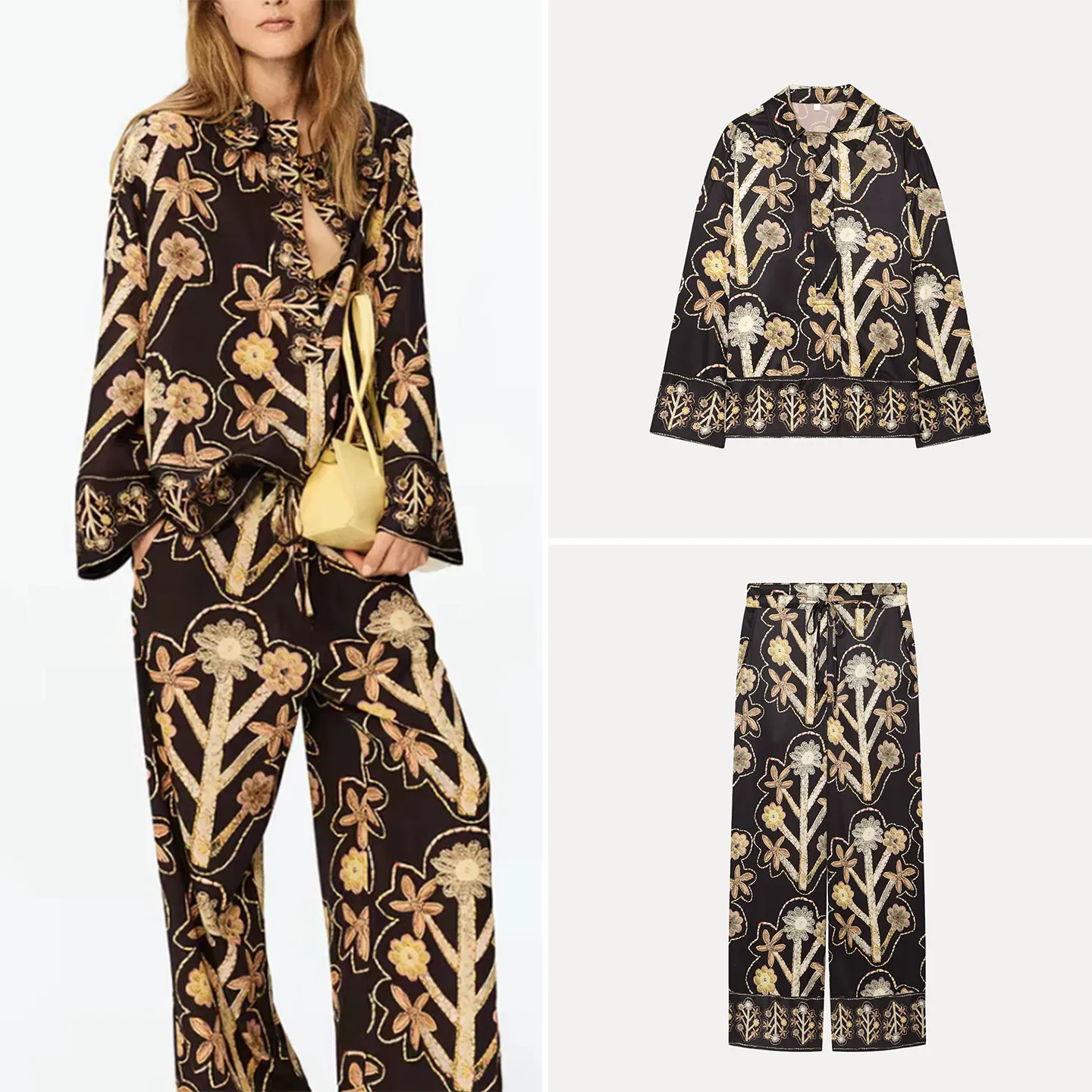 

Women's Floral Print Shirt Straight Leg Pants Fashion Set Summer 2026 Zadata Brand Long Sleeve Button up Top And Trousers