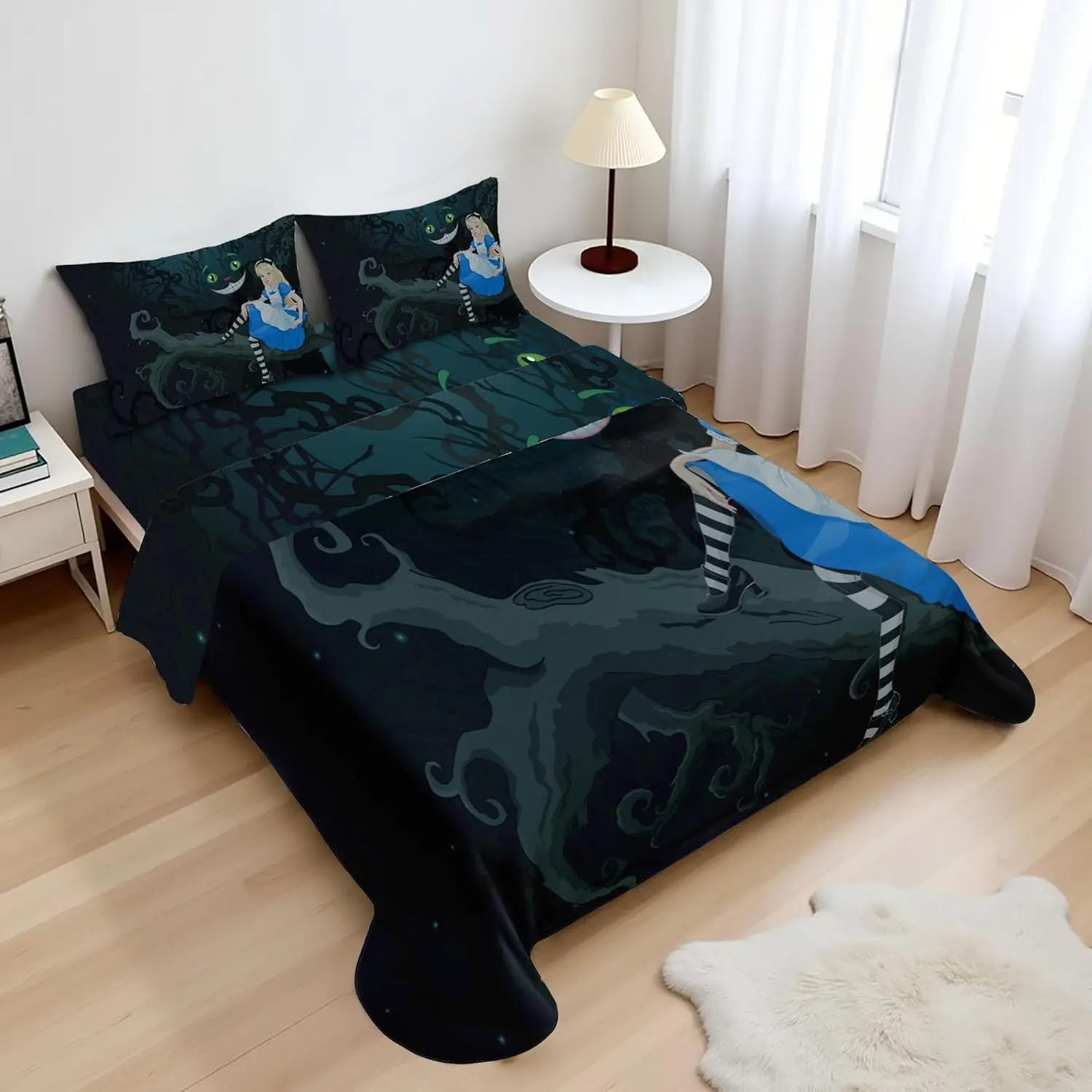 Juego de ropa de cama tamaño Queen de 4 piezas: azul multicolor, estilo de dibujos animados con Alice sentado en rama y gato de Cheshire en la oscuridad
