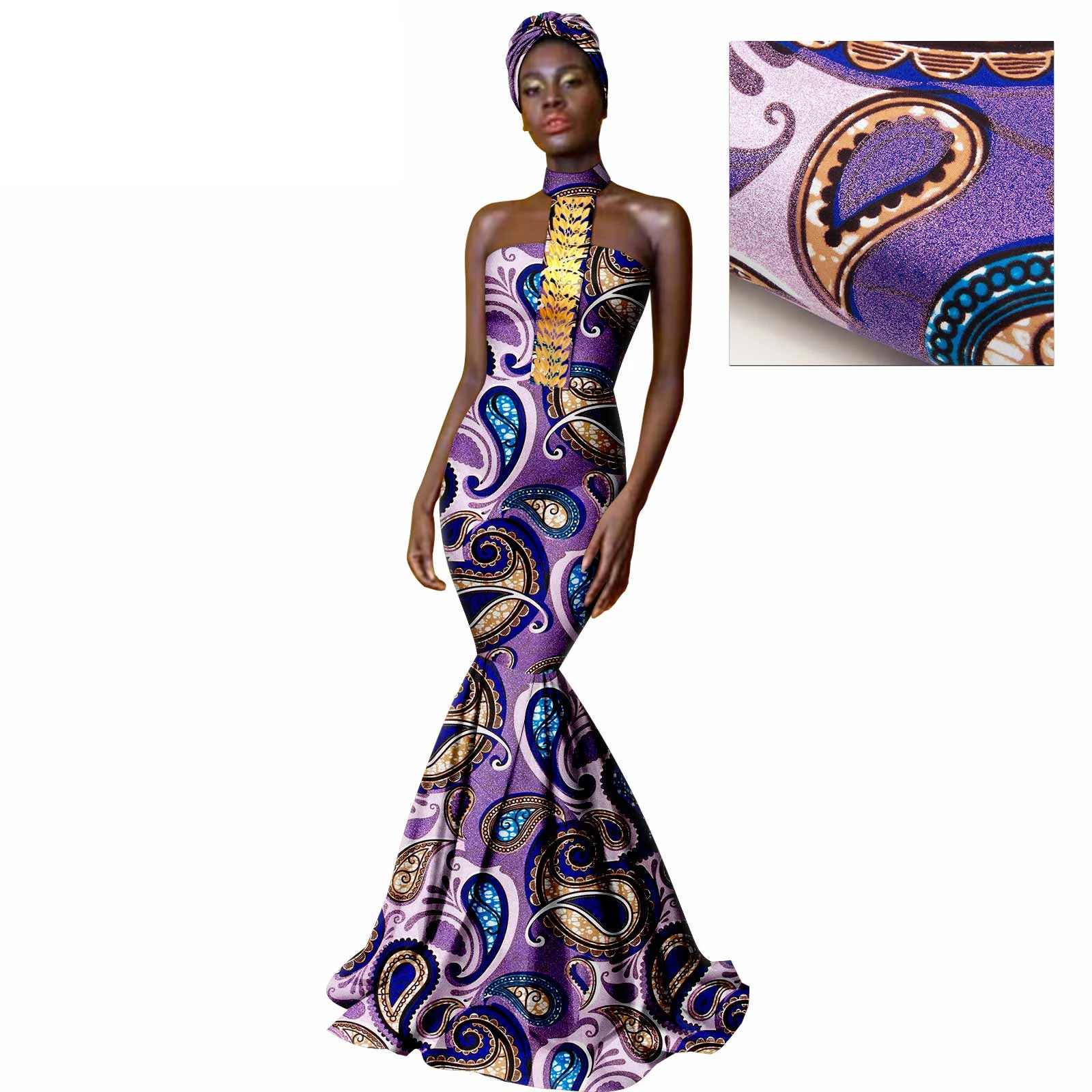 

New African Party Dresses for Women New Sexy Elegant Mermaid Dress Slim Shining Print Party Evening Gown with Turban Wedding