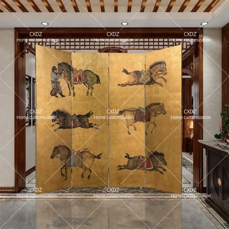Chinese Retro Hand Painted Zhaoling Liujun Solid Wood Folding Screen Mobile Partition for Office Tea Room Living Room