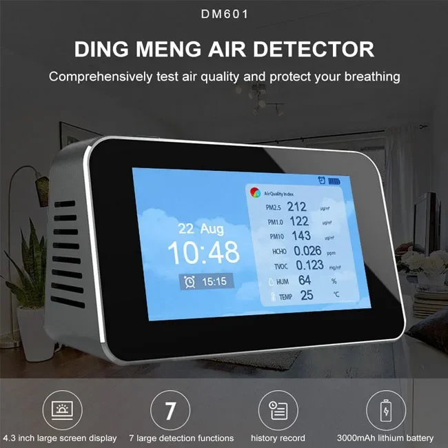 Détecteur de Radon de Qualité de l'Air Multifonction TEMP HUM TVOC HCHO PM10 PM1.0 PM2.5, Écran de 4.3 Pouces, 3000mAh