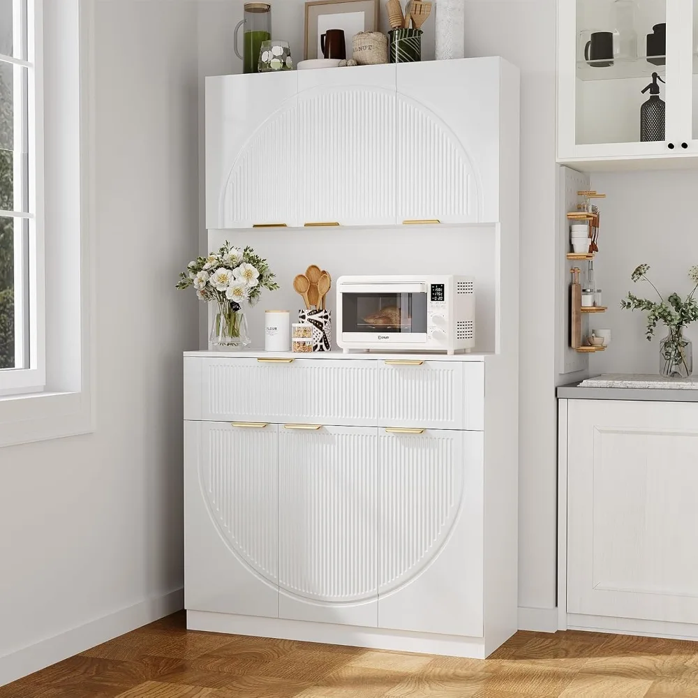 

71" Kitchen Pantry With Charging Station, White Modern Hutch With Drawers & Microwave Stand, Buffet Cabinet With Countertop for